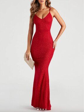 Windsor Rachel Formal Glitter Lace-Up Dress Red